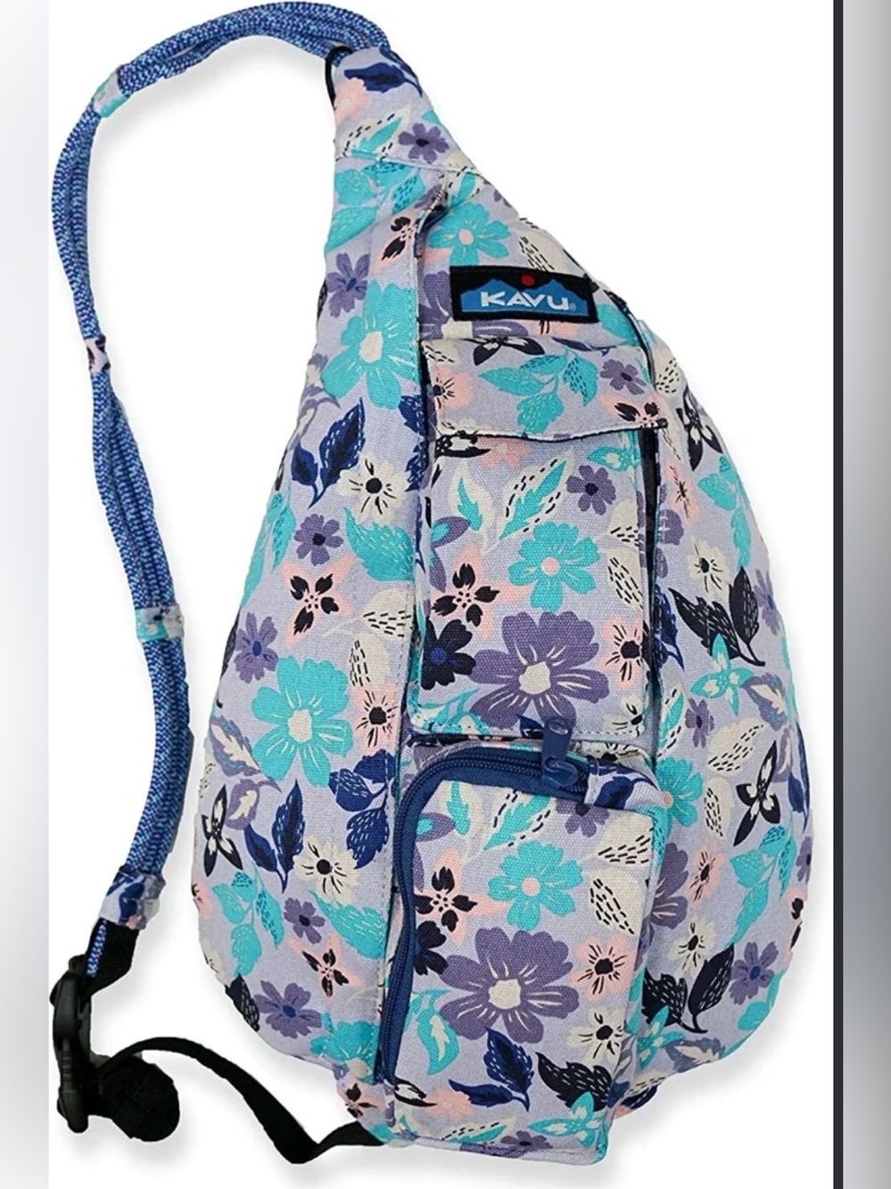 KAVU Mini Rope Sling Bag Floral Blue/Purple Sling Backpack Zipper 2 Pockets
